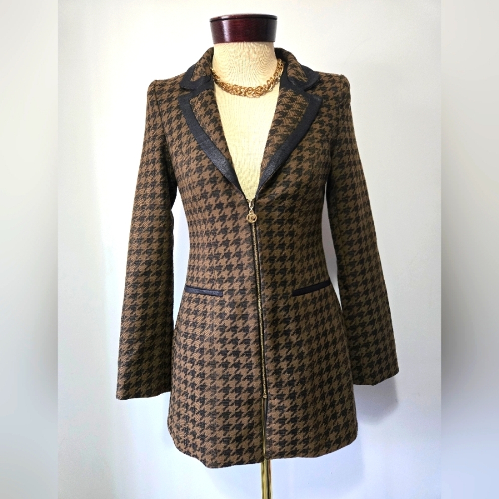 PERIE Brown and Black Houndstooth Deep V Cotton Dress Coat. Size Small